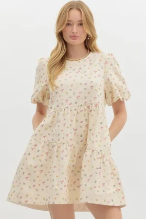 Mini bow print short bubble sleeve mini