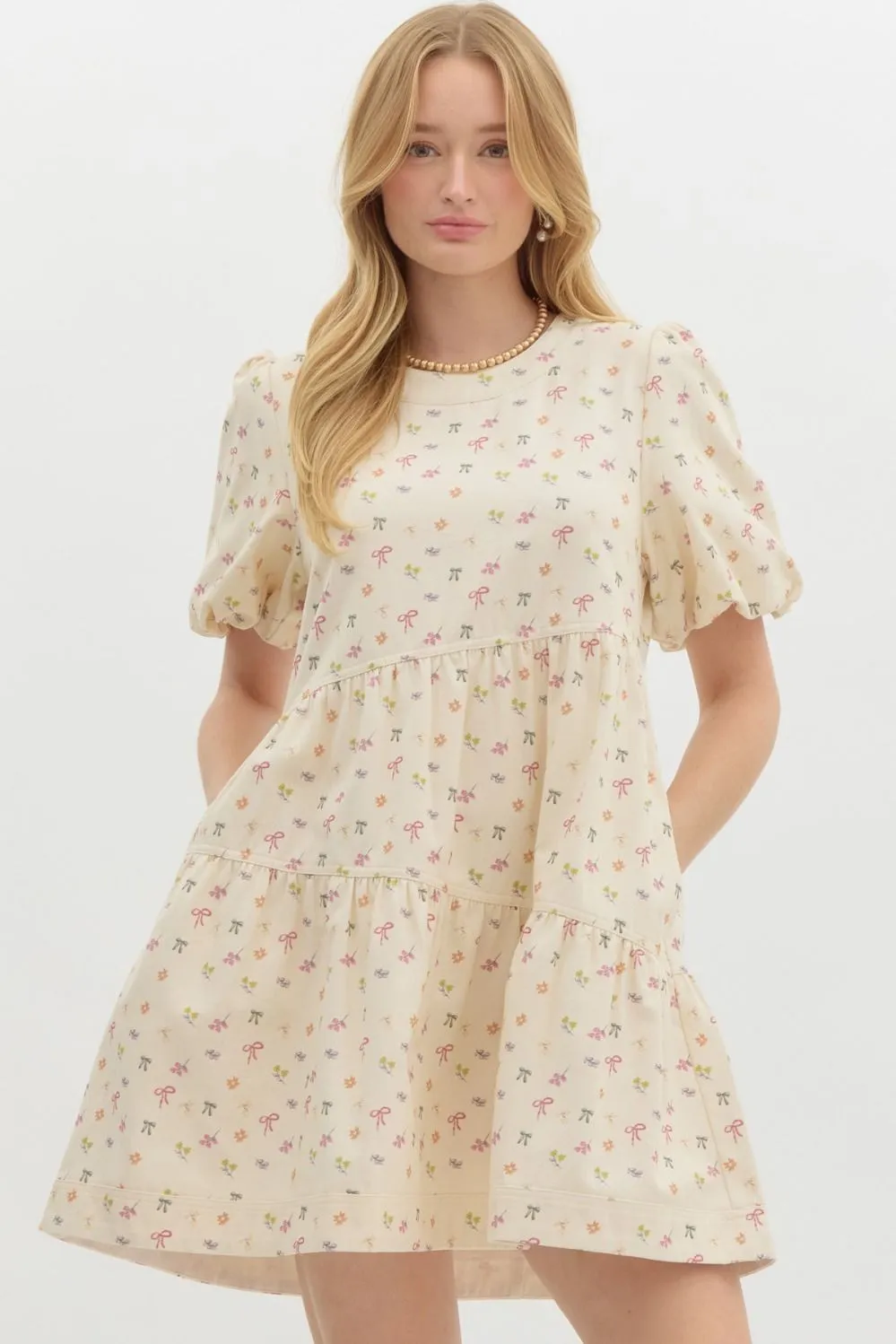 Mini bow print short bubble sleeve mini