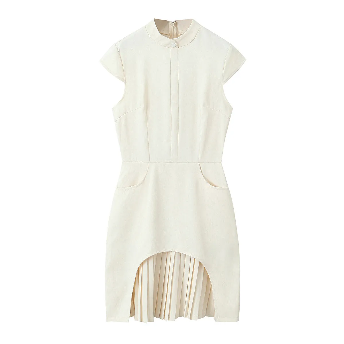Mock Neck Cap Sleeve Pleated Accent Mini Dress