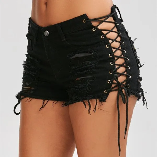 MOLLY - High Waist Ripped Denim Jeans Shorts with Laces - Black