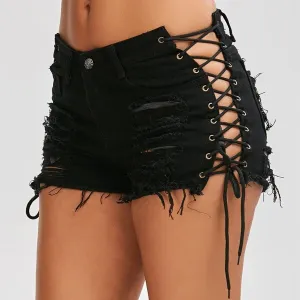 MOLLY - High Waist Ripped Denim Jeans Shorts with Laces - Black