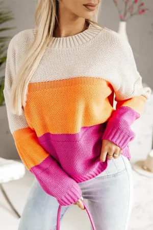 Multicolor Color Block Drop Shoulder Round Neck Knit Sweater