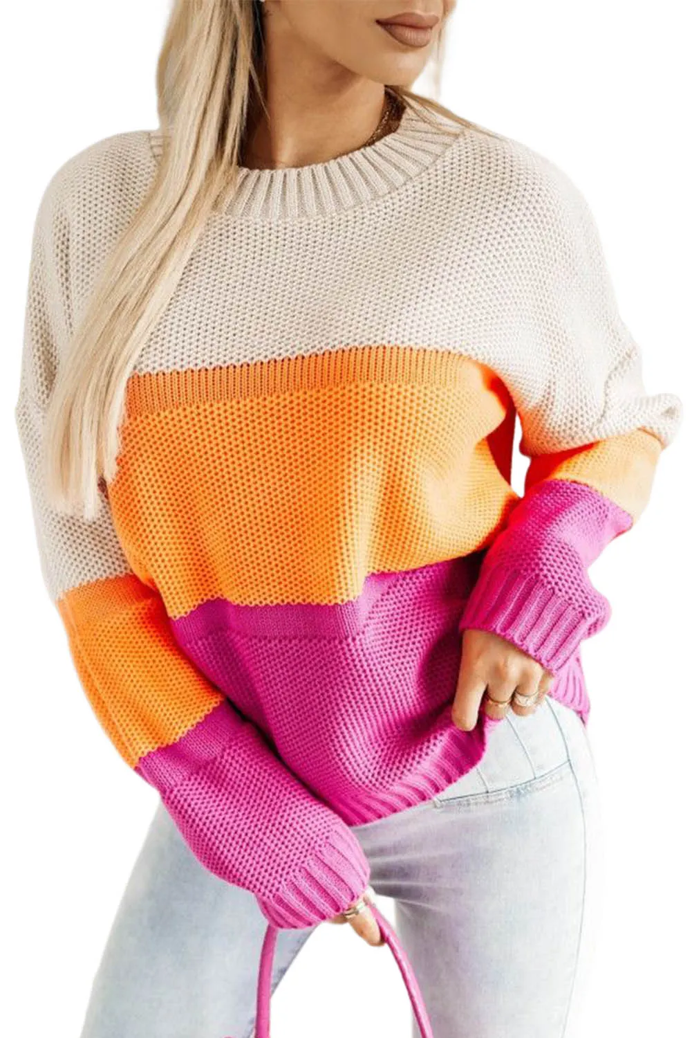 Multicolor Color Block Drop Shoulder Round Neck Knit Sweater