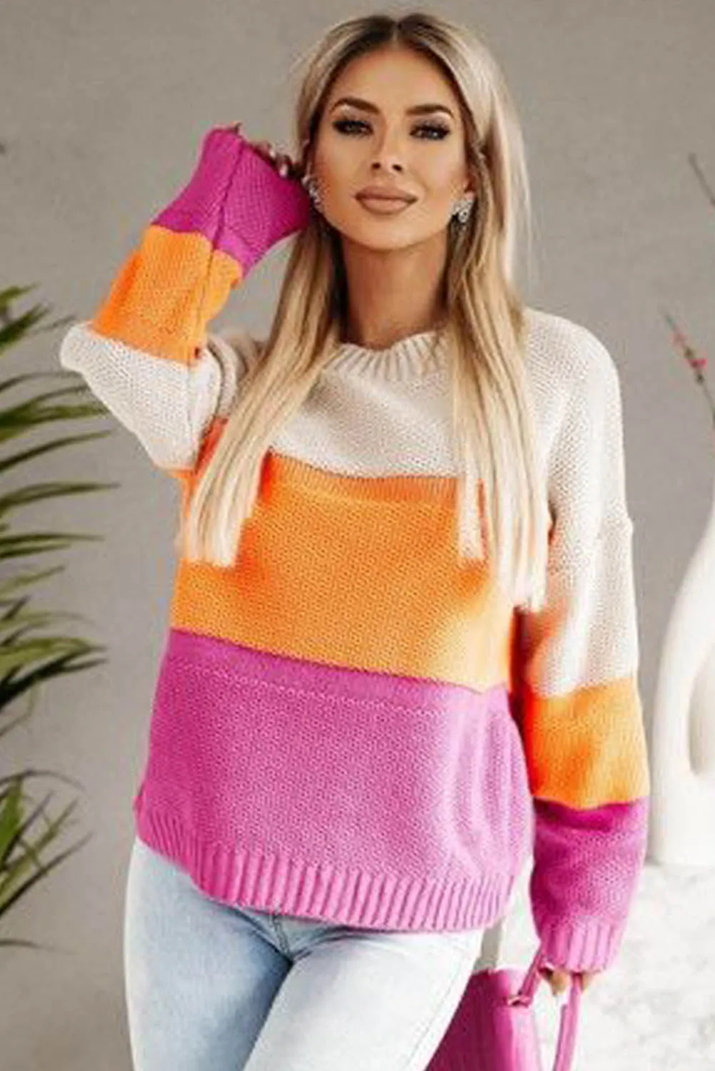 Multicolor Color Block Drop Shoulder Round Neck Knit Sweater