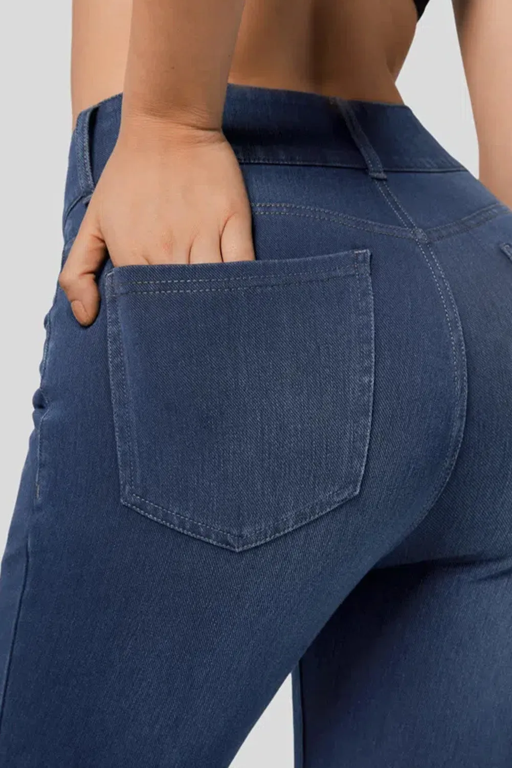 Navy Blue Button Fly High Waist Skinny Fit Jeans
