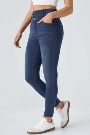 Navy Blue Button Fly High Waist Skinny Fit Jeans