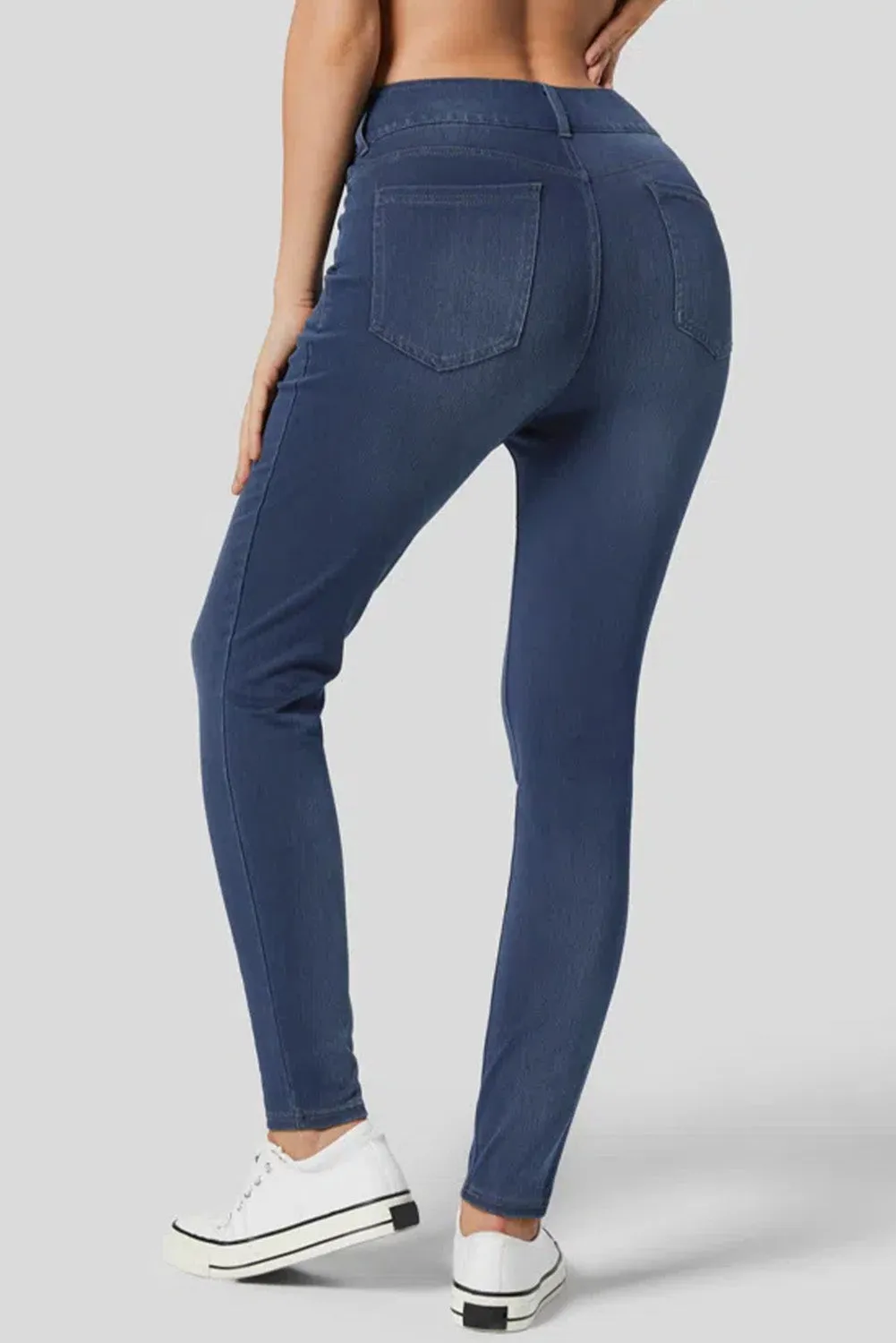 Navy Blue Button Fly High Waist Skinny Fit Jeans