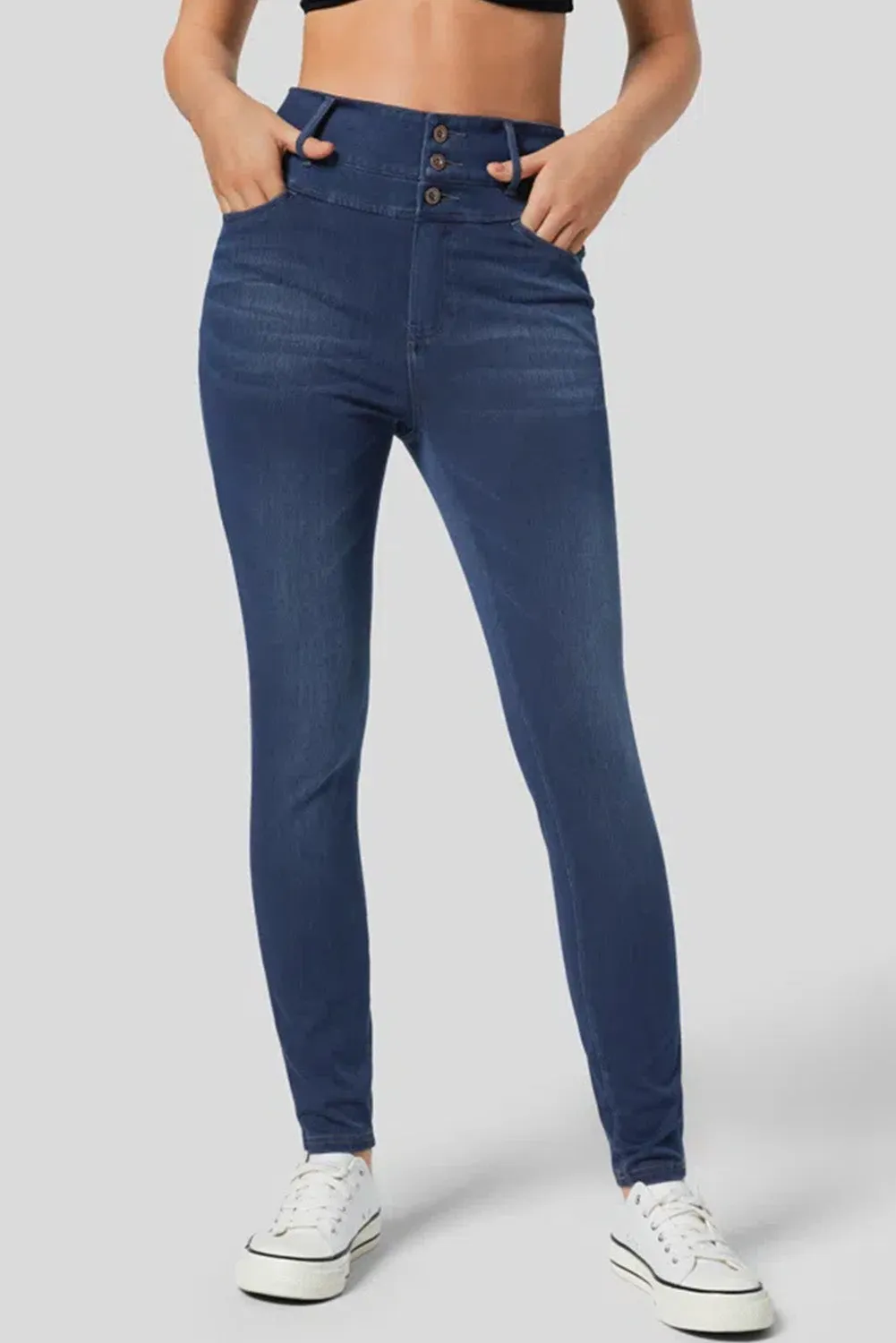 Navy Blue Button Fly High Waist Skinny Fit Jeans
