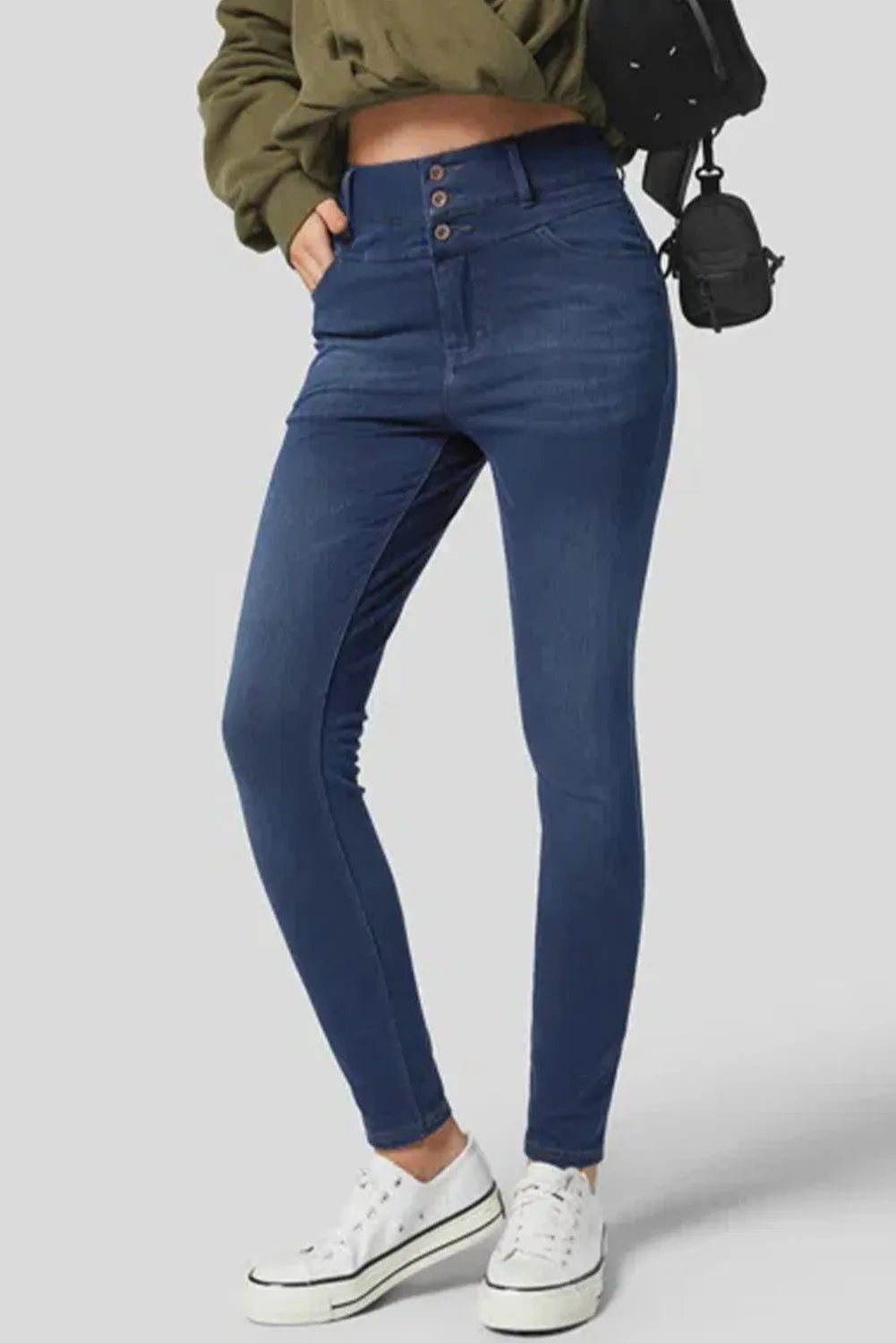 Navy Blue Button Fly High Waist Skinny Fit Jeans