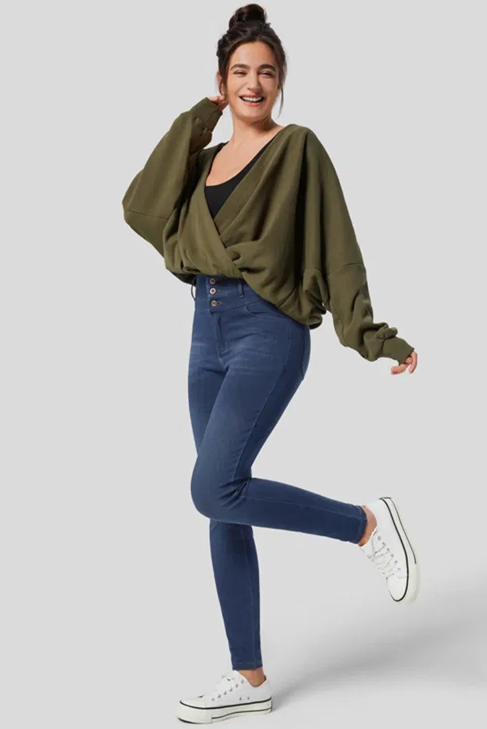 Navy Blue Button Fly High Waist Skinny Fit Jeans