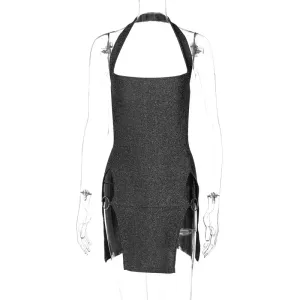New Fashion Glitter Sexy Mini Dress Bodycon Outfits Sleeveless Backless Clubwear Party Halter Split Dress