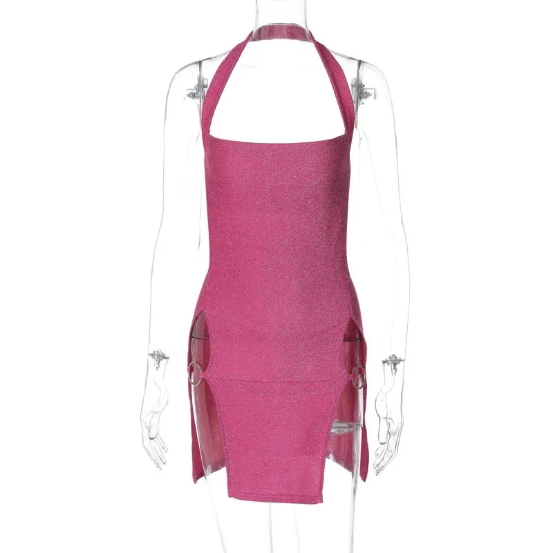 New Fashion Glitter Sexy Mini Dress Bodycon Outfits Sleeveless Backless Clubwear Party Halter Split Dress