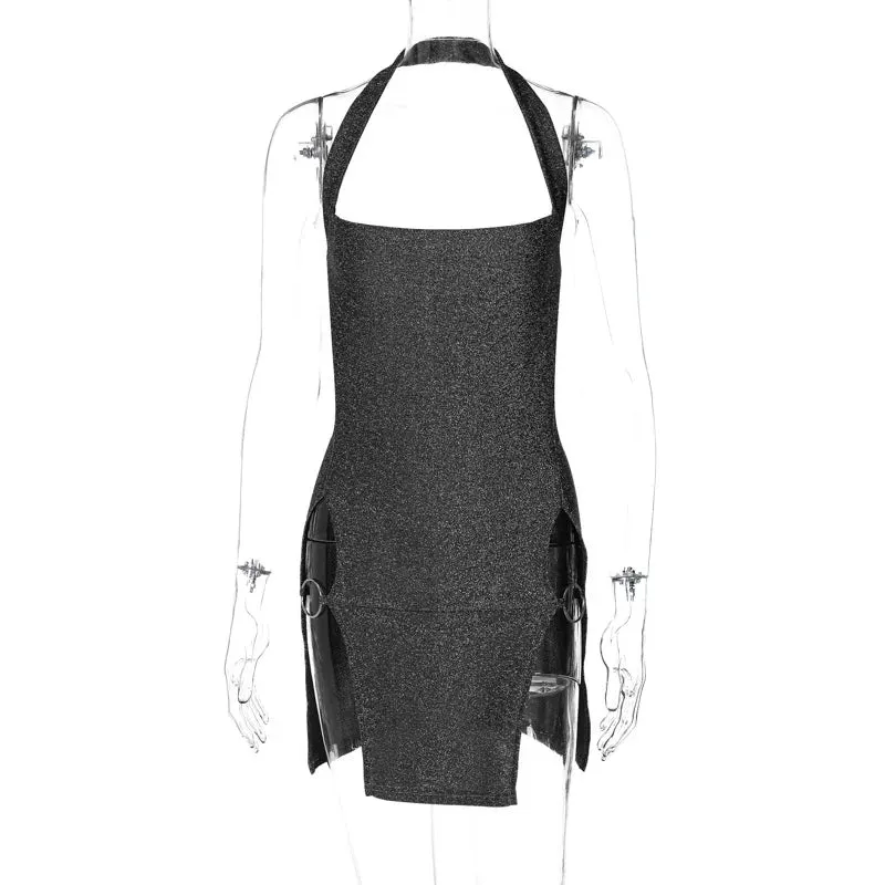 New Fashion Glitter Sexy Mini Dress Bodycon Outfits Sleeveless Backless Clubwear Party Halter Split Dress