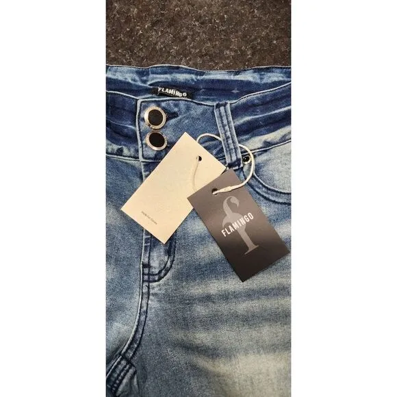 NEW Flamingo Cross Embroidery Ripped Low Rise Bootcut Jeans Large