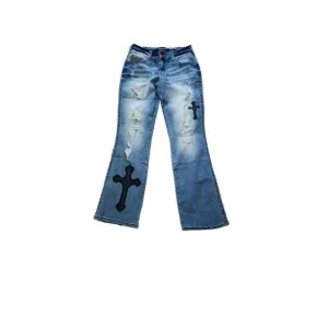 NEW Flamingo Cross Embroidery Ripped Low Rise Bootcut Jeans Large
