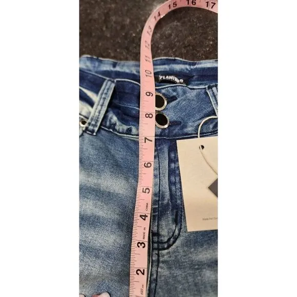 NEW Flamingo Cross Embroidery Ripped Low Rise Bootcut Jeans Large