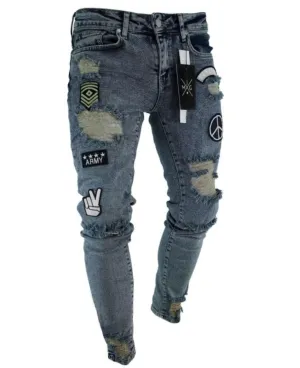 NEW Men Stylish Ripped Jeans Pants Biker Skinny Slim Straight Frayed Denim Trousers New Fashion Skinny Jeans Men Clothes Hiphop, Grey, Men's Sz M, Retails $49 