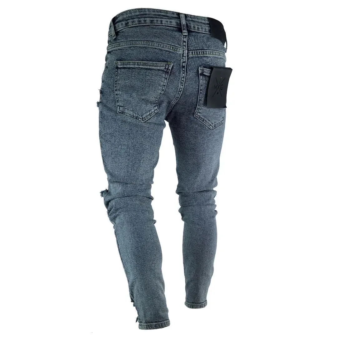 NEW Men Stylish Ripped Jeans Pants Biker Skinny Slim Straight Frayed Denim Trousers New Fashion Skinny Jeans Men Clothes Hiphop, Grey, Men's Sz M, Retails $49 