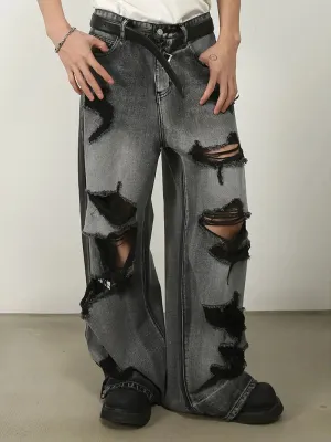 NEW Men's Relaxed Fit Wide Leg Ripped Distressed Denim Jeans - Soft Comfy Stretchy Fabric, Fashionable Streetwear Style, Loose Fit for Comfort, Stylish Ripped Details - Perfect for Casual Daily Wear, Sz M