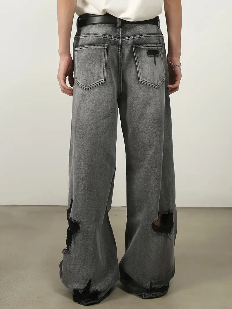 NEW Men's Relaxed Fit Wide Leg Ripped Distressed Denim Jeans - Soft Comfy Stretchy Fabric, Fashionable Streetwear Style, Loose Fit for Comfort, Stylish Ripped Details - Perfect for Casual Daily Wear, Sz M