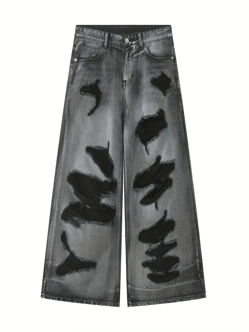 NEW Men's Relaxed Fit Wide Leg Ripped Distressed Denim Jeans - Soft Comfy Stretchy Fabric, Fashionable Streetwear Style, Loose Fit for Comfort, Stylish Ripped Details - Perfect for Casual Daily Wear, Sz M