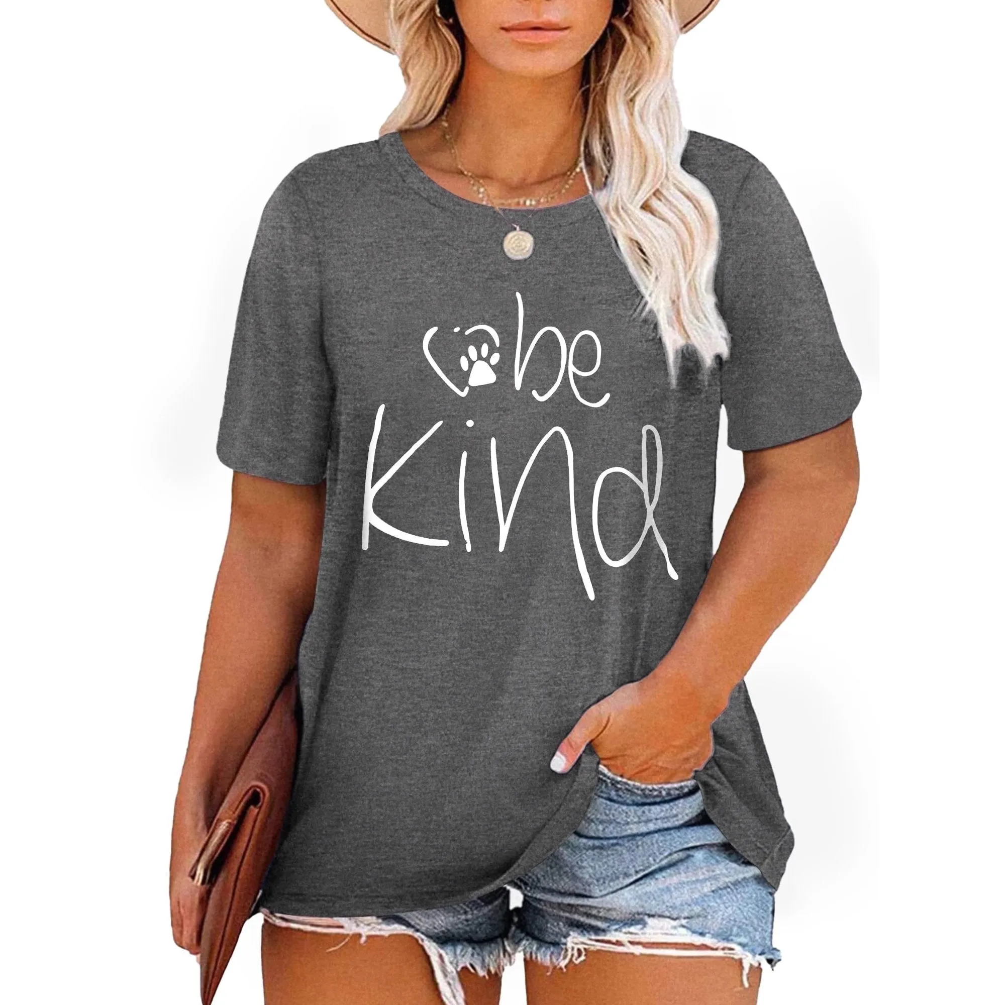 New XCHQRTI Be Kind Womens Shirt Plus Size Graphic Tees Short Sleeve O Neck Summer Casual T Shirt, Grey sz 3X
