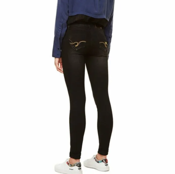 NWT DESIGUAL Black Stretch Second Skin Exotic Embroidered Skinny Jeans 2