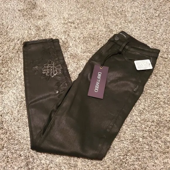 NWT Driftwood Jackie High Rise Embroidered Coated Skinny Jeans Black 24