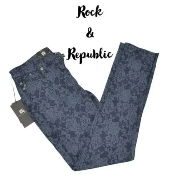 NWT Rock &amp; Republic Floral Lace Printed Skinny Stretch Denim Blue Jeans 10 M