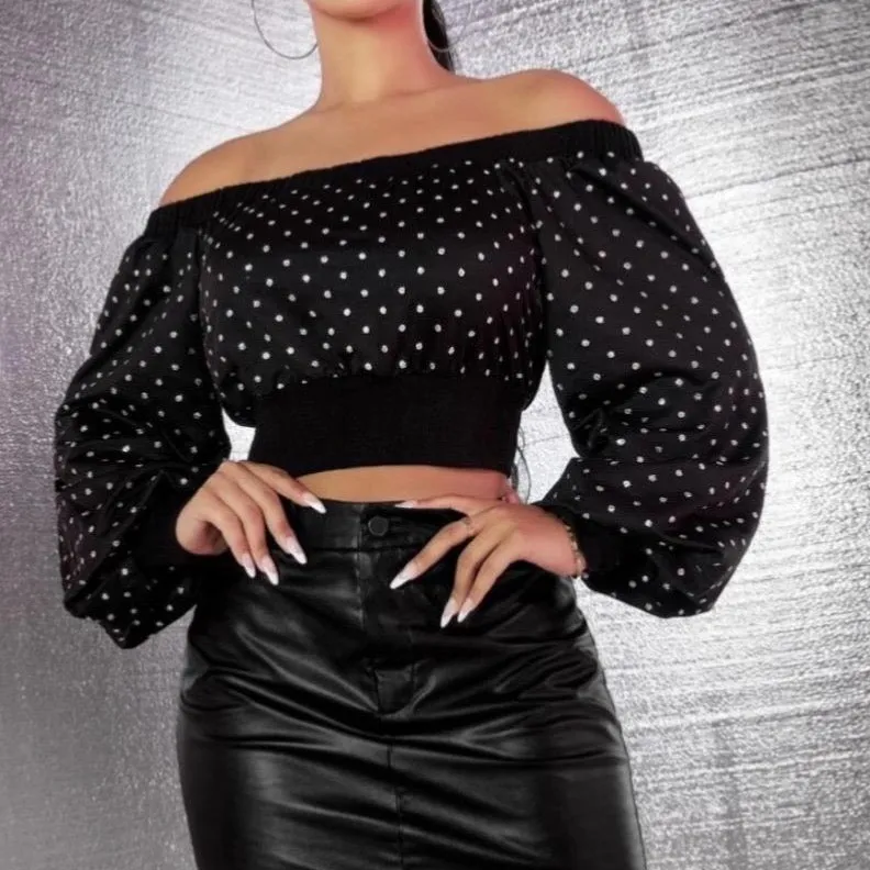 Off Shoulder Lantern Sleeve Polka Dot Crop Pullover