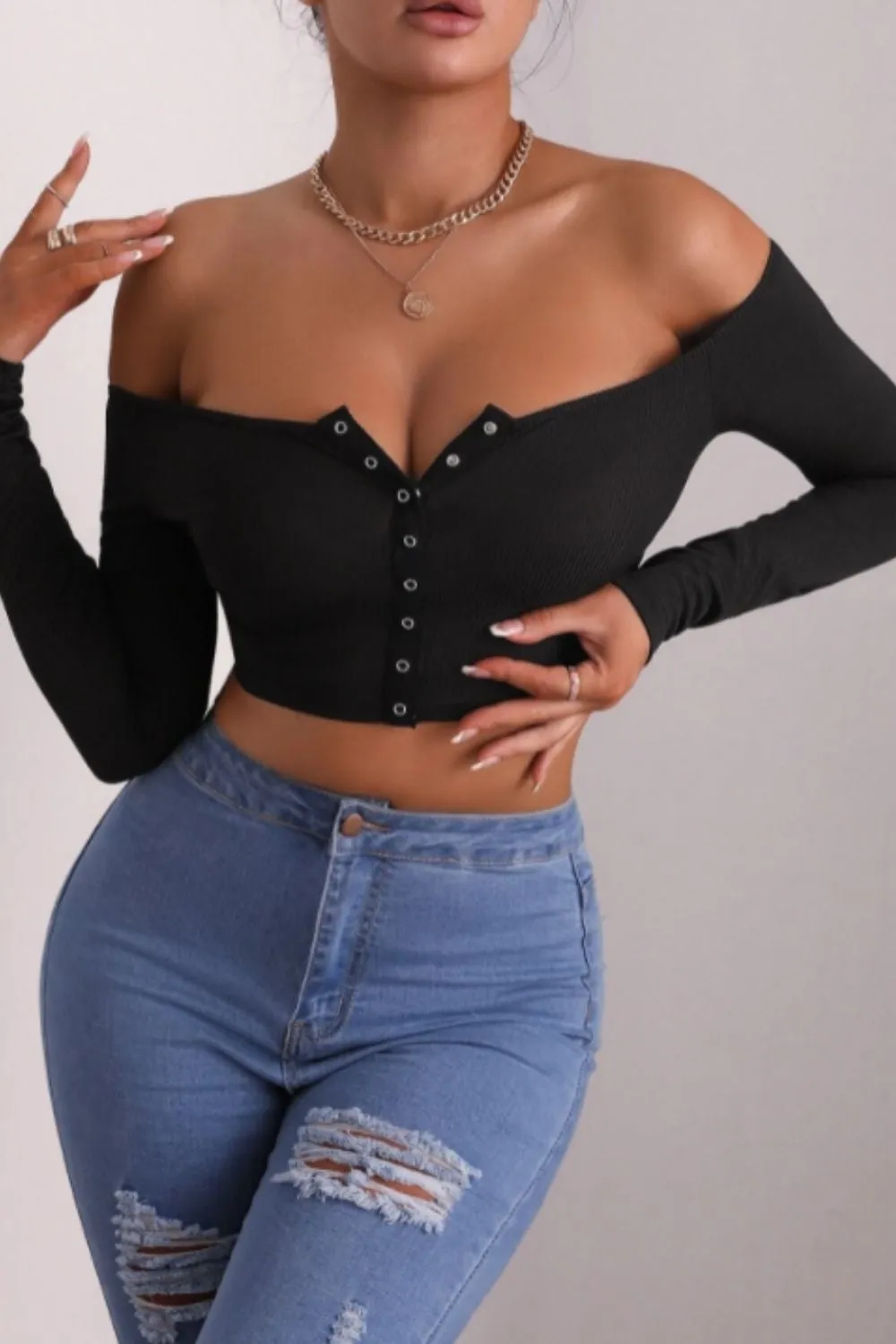 Off Shouler Button Detail Top