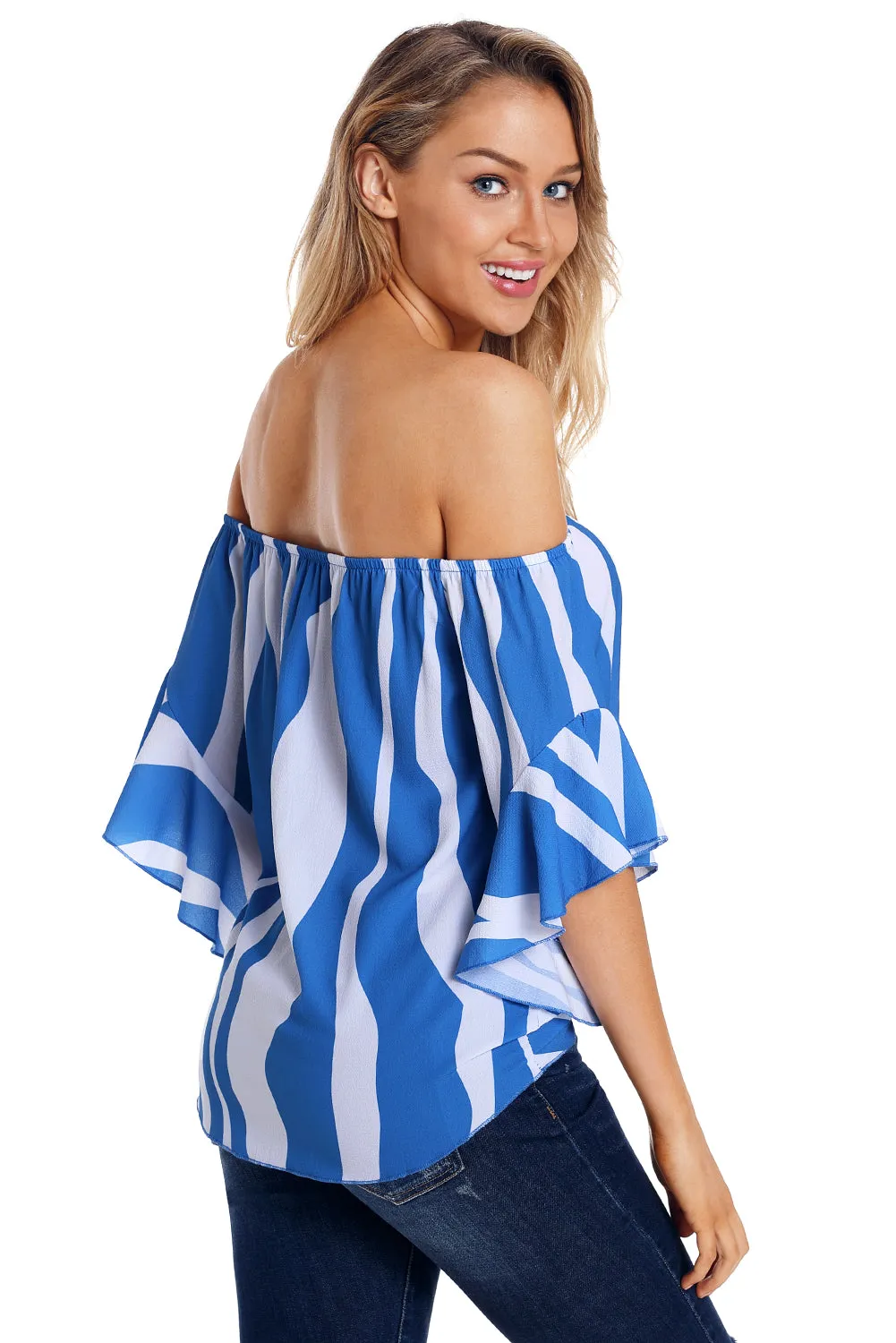 Off The Shoulder Vertical Stripes Blouse in Black