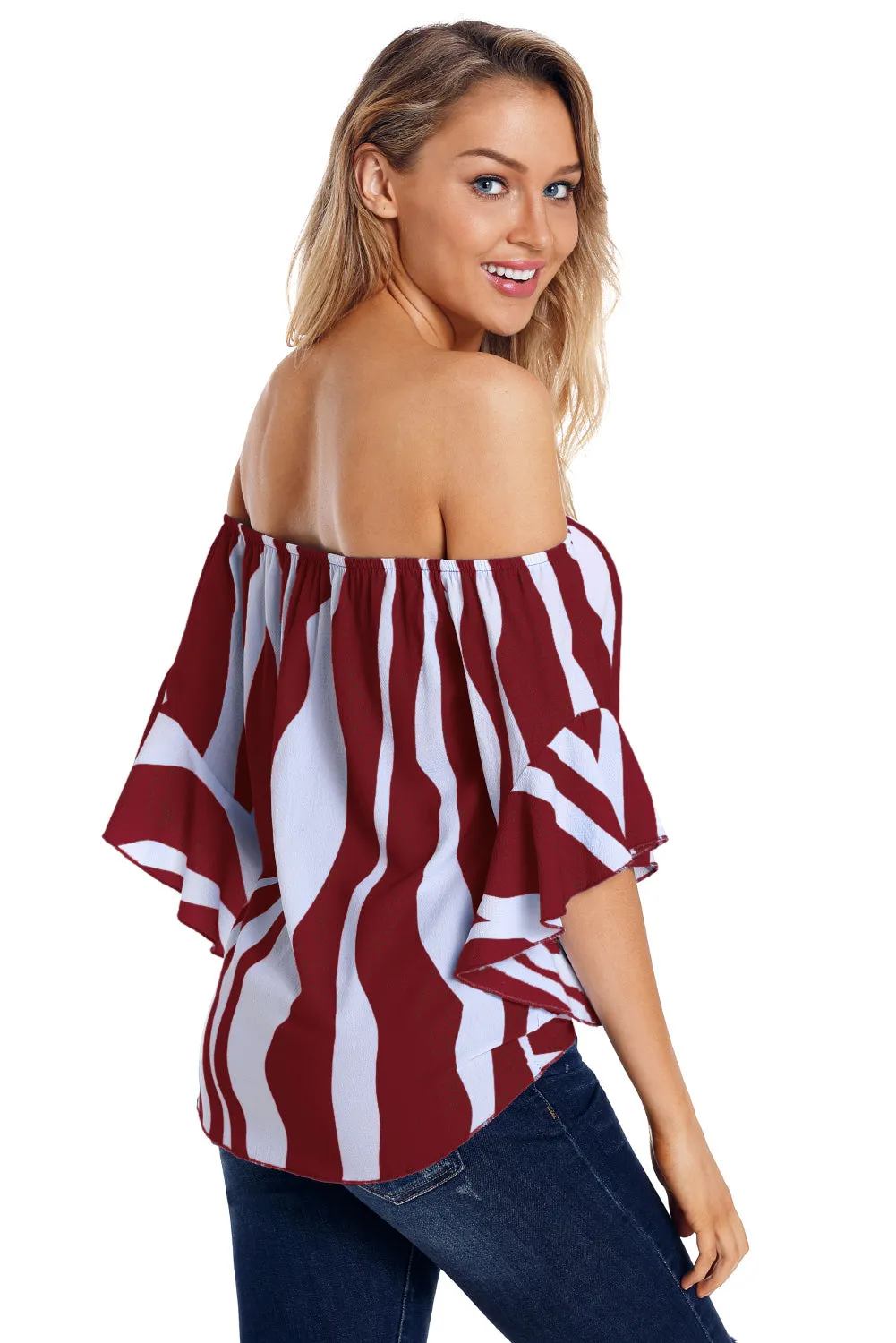 Off The Shoulder Vertical Stripes Blouse in Black