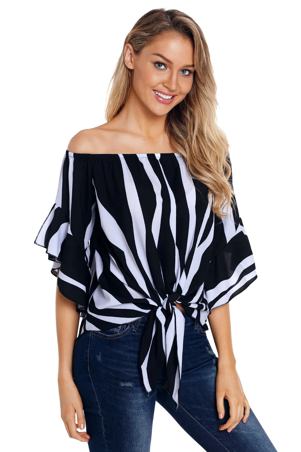 Off The Shoulder Vertical Stripes Blouse in Black