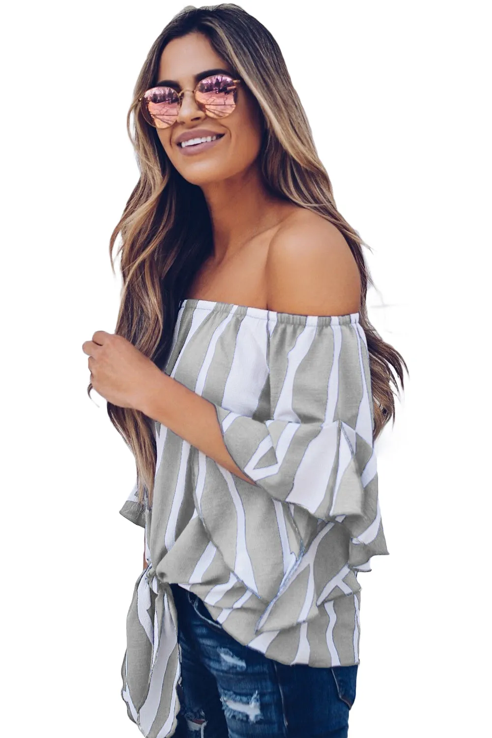 Off The Shoulder Vertical Stripes Blouse in Black