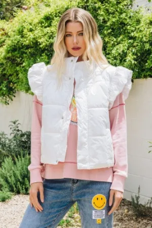 Off White Puffer Vest with Shoulder Ruffle Detail