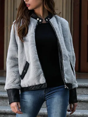 Original Design Women's Long-sleeved PU Leather Stitching Plush Jacket Thick Coat