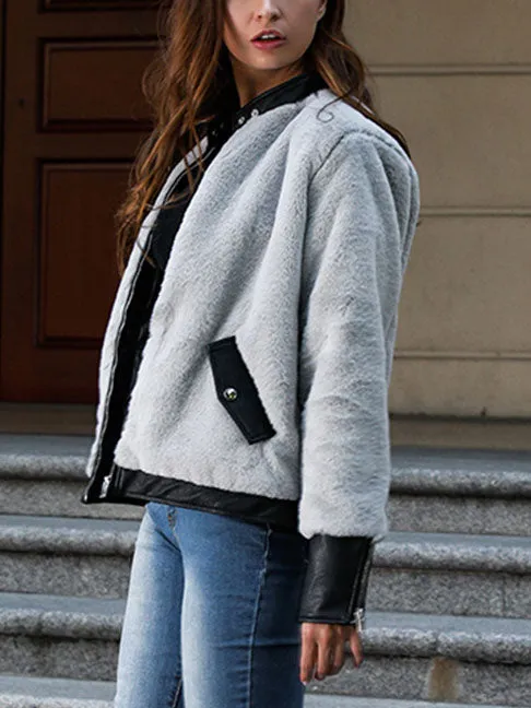Original Design Women's Long-sleeved PU Leather Stitching Plush Jacket Thick Coat