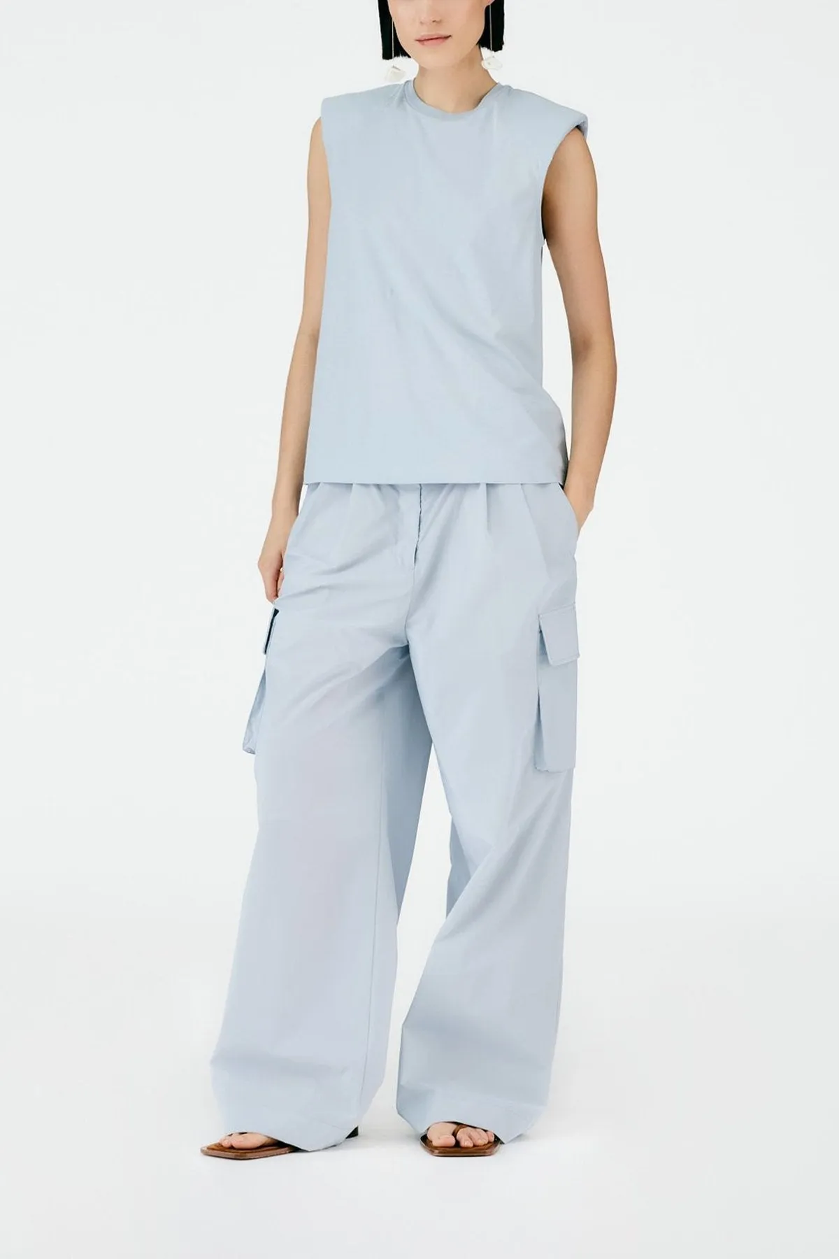 Padded Shoulder Sleeveless Top in Blue Grey