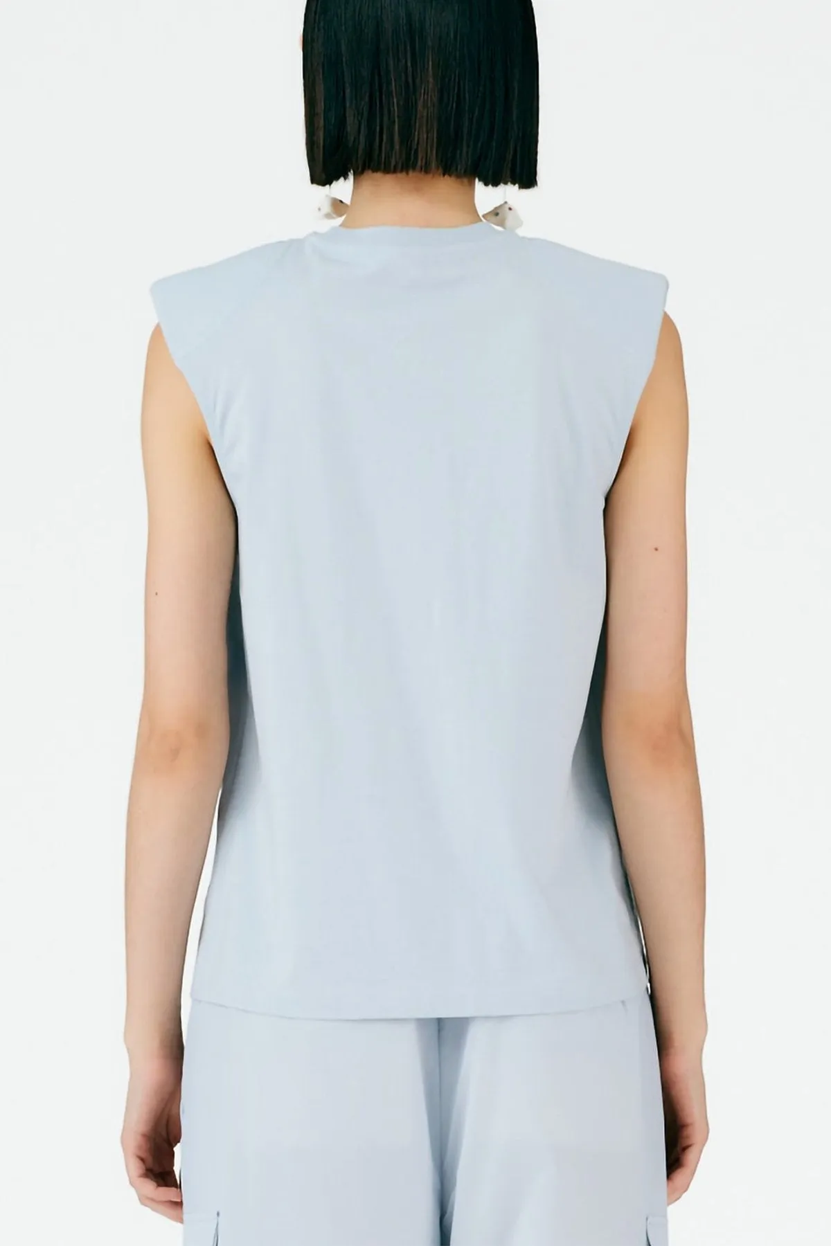 Padded Shoulder Sleeveless Top in Blue Grey