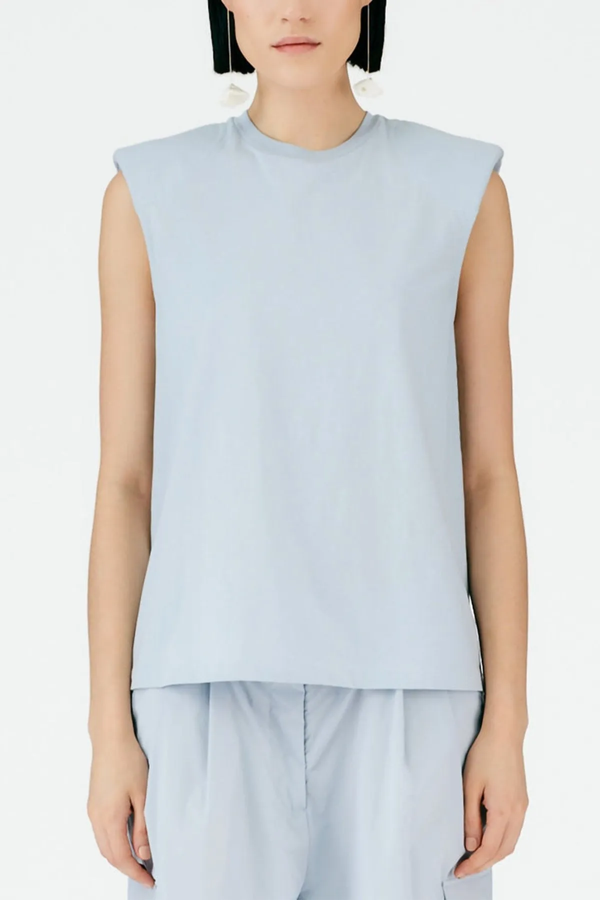 Padded Shoulder Sleeveless Top in Blue Grey
