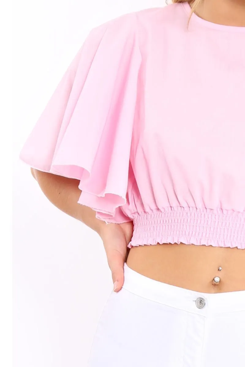 Pink Frill Sleeve Crop Top - Siobhan