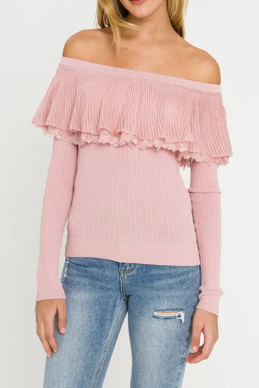 Pink Love Lace Ruffle Off the Shoulder