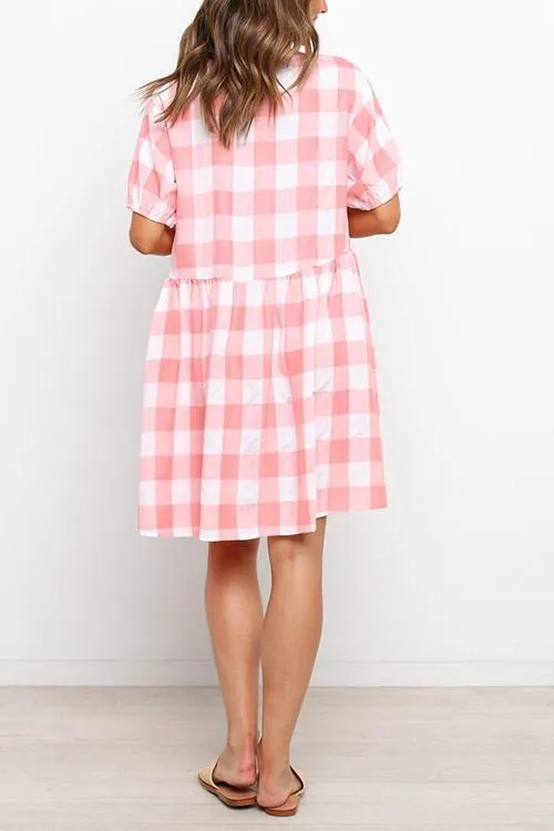 Plaid Pockets V Neck Mini Dress