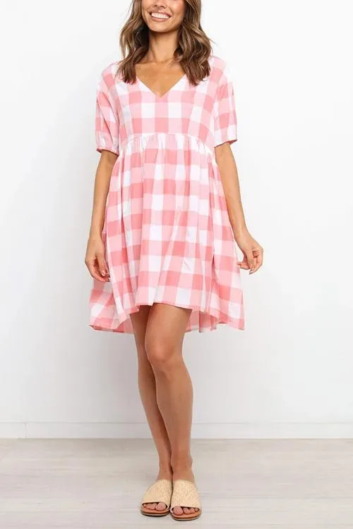Plaid Pockets V Neck Mini Dress