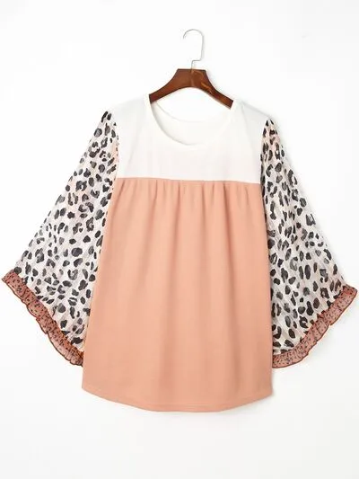 Plus Size Leopard Print Ruffle Trim Long Sleeve Blouse