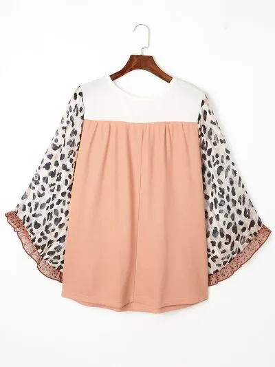 Plus Size Leopard Print Ruffle Trim Long Sleeve Blouse