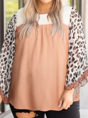 Plus Size Leopard Print Ruffle Trim Long Sleeve Blouse