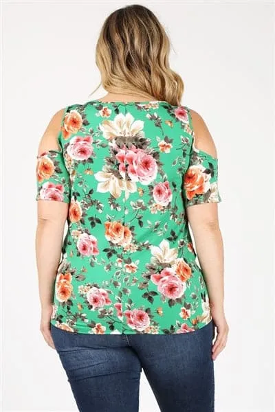 Plus Size Twist Knot Cold Shoulder Printed Top Green Rust - Pack of 6