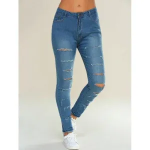 Pocket Design Ripped Pencil Jeans - Light Blue L